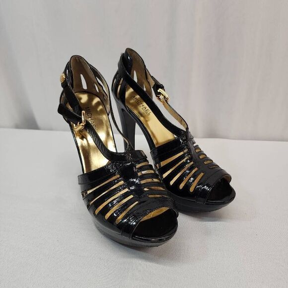 Michael Kors Size 9 M Joslin Black Patent Leather Platform Sandal Heels Strappy - Picture 1 of 10